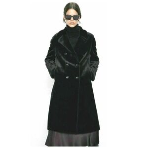 Zara Womens Black Faux Fur Double Breasted Long Coat XS Notched Lapel Plush